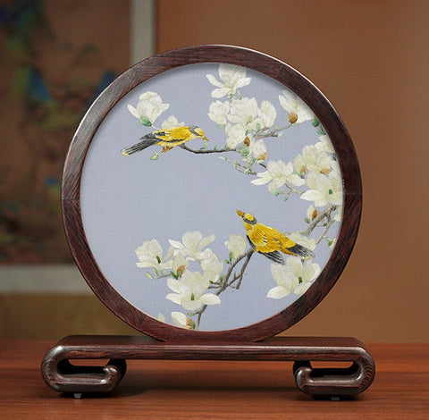Creative Birthday Gift, Flower and Birds Embroidery Ornaments, Traditional Chinese Suzhou Silk Embroidered Ornament, Premium Souvenir, Exclusive Business Presents-HomePaintingDecor