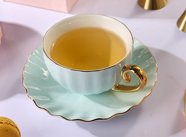 Handmade Beautiful British Tea Cups, Creative Porcelain Tea Cup Saucer Set of 2 Cups, Elegant Macaroon Ceramic Coffee Cups, 6.8 oz Tea Cup and Saucer in Gift Box as Birthday Gift-HomePaintingDecor