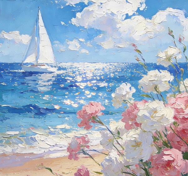 Blooms by the Shore, A Sailboat’s Journey, Simple Painting Ideas, Hand Painted Wall Art, Small Wall Paintings, Landscape Canvas Paintings, On Canvas Small Paintings-HomePaintingDecor