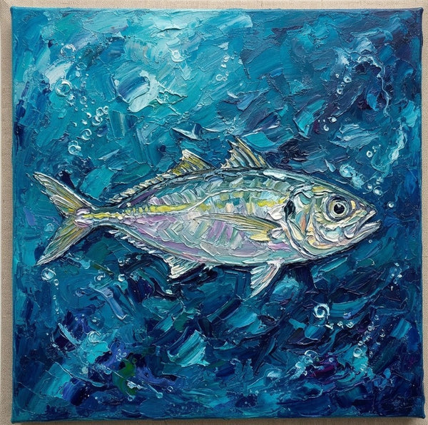 Small Art on Canvas, Blue Scad Fish Painting, Original Acrylic Paintings, Hand Painted Canvas Art, Heavy Texture Painting, Ready to Hang, Impasto Artwork