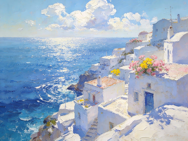 Small Wall Paintings, Santorini Impressions, White Villages by the Azure Sea, Simple Painting Ideas, Hand Painted Wall Art, Landscape Canvas Paintings, On Canvas Small Paintings-HomePaintingDecor