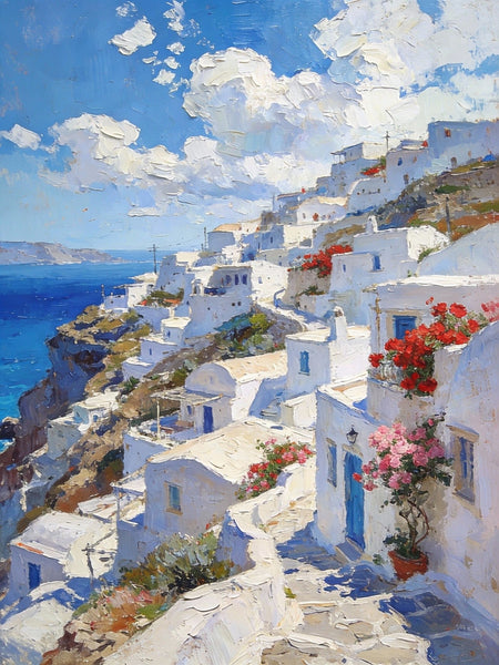 Cliffside Village, A Glimpse of the Aegean, Original Artwork Small Paintings, Hand Painted Canvas Art, On Canvas Small Paintings, Palette Knife Artwork, Landscape Canvas Paintings-HomePaintingDecor