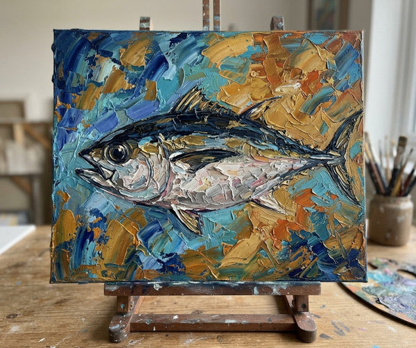Original Acrylic Paintings, Ready to Hang Artwork, Bigeye Tuna Fish Painting, Small Art on Canvas, Heavy Texture Painting, Impasto Artwork, Hand Painted Canvas Art