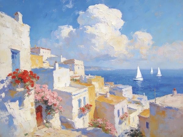 Small Paintings On Canvas, Coastal Santorini, A Vibrant Scene with Sailboats and Villages, Simple Painting Ideas, Hand Painted Wall Art, Small Wall Paintings, Landscape Canvas Paintings-HomePaintingDecor