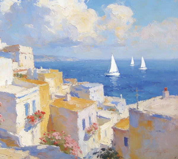 Small Paintings On Canvas, Coastal Santorini, A Vibrant Scene with Sailboats and Villages, Simple Painting Ideas, Hand Painted Wall Art, Small Wall Paintings, Landscape Canvas Paintings-HomePaintingDecor