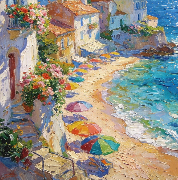 Azure Days - A Summer Holiday on the Mediterranean, Landscape Oil Paintings, Impasto Wall Art Paintings, Original Small Paintings on Canvas, Heavy Texture Oil Paintings, Small Paintings on Canvas-HomePaintingDecor