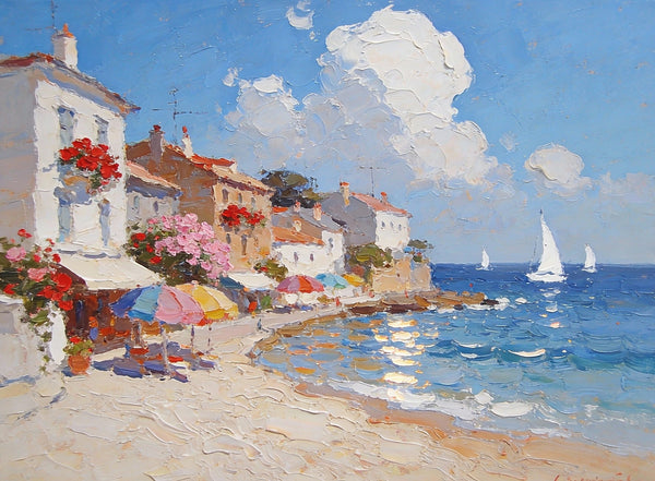 Seaside Summer Holiday, Small Oil Paintings on Canvas, Palette Knife Artwork, Landscape Canvas Paintings, Hand Painted Canvas Art, Original Oil Paintings-HomePaintingDecor