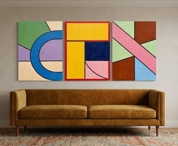 Colorful Abstract Paintings for Mid Century Bedroom, Geometric Abstract Art, Multi Panel Group Paintings