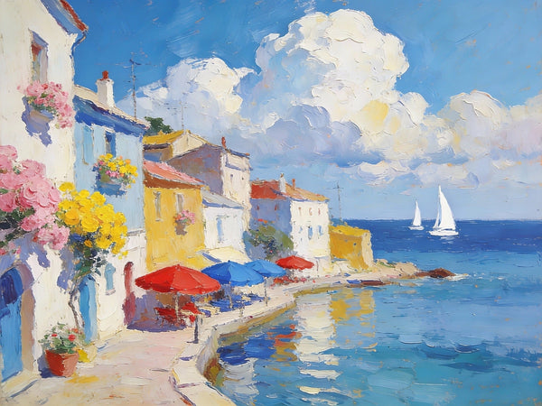 The Quiet Seaside Town, Small Oil Paintings on Canvas, Palette Knife Artwork, Landscape Small Paintings, Small Wall Paintings, Original Oil Paintings-HomePaintingDecor