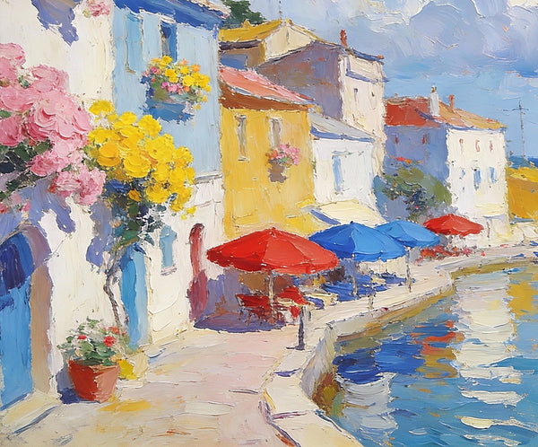 The Quiet Seaside Town, Small Oil Paintings on Canvas, Palette Knife Artwork, Landscape Small Paintings, Small Wall Paintings, Original Oil Paintings-HomePaintingDecor