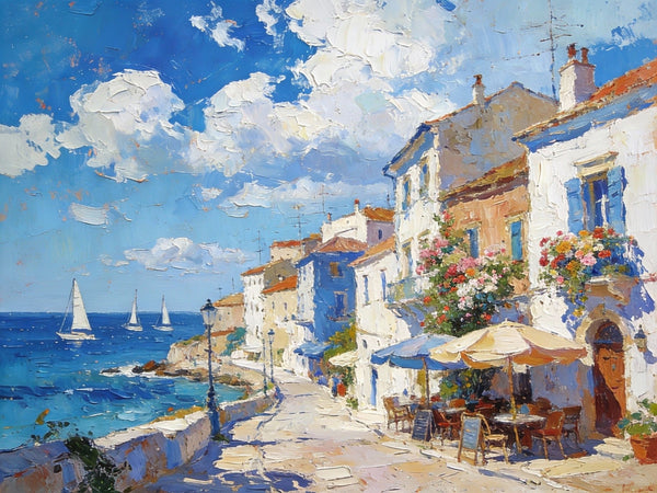 Serene Town by the Sea, A Colorful Coastal Landscape, Hand Painted Canvas Art, On Canvas Small Paintings, Small Landscape Paintings, Landscape Wall Art Paintings, Original Oil Paintings-HomePaintingDecor