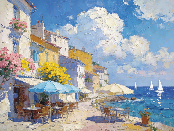 Small Paintings on Canvas, A Seaside Cafe, Summer Resort, Hand Painted Canvas Art, Impasto Artwork, Original Oil Paintings, Small Landscape Paintings on Wall-HomePaintingDecor