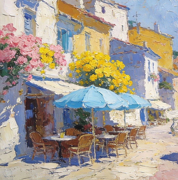 Small Paintings on Canvas, A Seaside Cafe, Summer Resort, Hand Painted Canvas Art, Impasto Artwork, Original Oil Paintings, Small Landscape Paintings on Wall-HomePaintingDecor