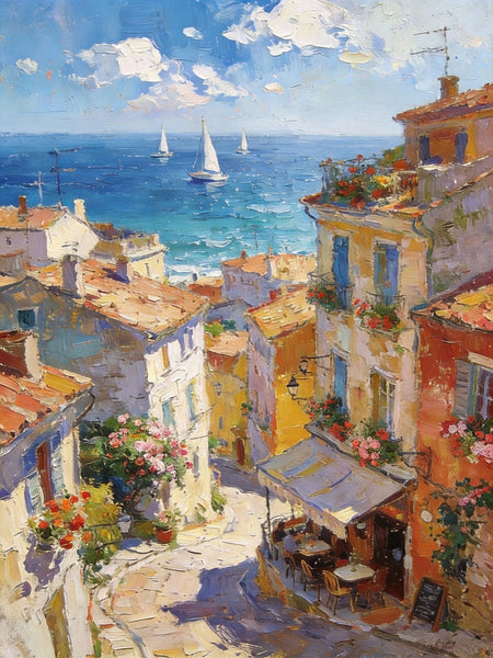Impasto Wall Art Paintings, A Leisurely Town by the Mediterranean, Landscape Oil Paintings, Original Small Paintings on Canvas, Heavy Texture Oil Paintings, On Canvas Small Paintings-HomePaintingDecor