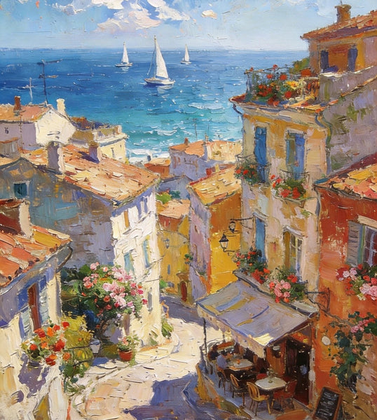 Impasto Wall Art Paintings, A Leisurely Town by the Mediterranean, Landscape Oil Paintings, Original Small Paintings on Canvas, Heavy Texture Oil Paintings, On Canvas Small Paintings-HomePaintingDecor
