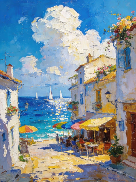 Small Paintings On Canvas, Vibrant Coastal Village, Colorful Houses by the Sea, Hand Painted Canvas Art, Landscape Oil Paintings, Original Artwork Small Paintings on Wall-HomePaintingDecor