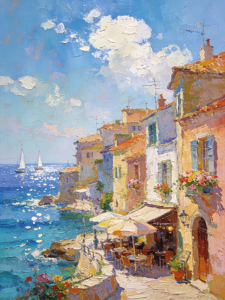 Seaside Cafe Days, Summer Resort, Landscape Oil Paintings, Impasto Wall Art Paintings, Original Small Paintings on Canvas, Heavy Texture Oil Paintings, On Canvas Small Paintings-HomePaintingDecor