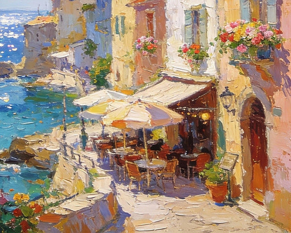 Seaside Cafe Days, Summer Resort, Landscape Oil Paintings, Impasto Wall Art Paintings, Original Small Paintings on Canvas, Heavy Texture Oil Paintings, On Canvas Small Paintings-HomePaintingDecor
