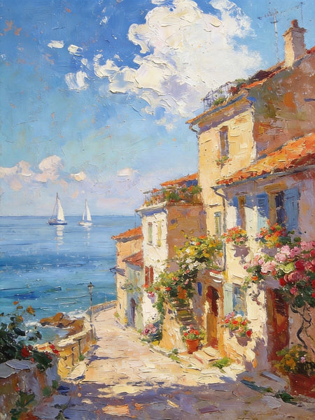 On Canvas Small Paintings, Sunlit Coastal Town, Flower-Adorned Streets and Sailboats, Hand Painted Canvas Art, Original Artwork Small Paintings on Wall, Landscape Oil Paintings-HomePaintingDecor