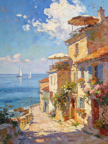 On Canvas Small Paintings, Sunlit Coastal Town, Flower-Adorned Streets and Sailboats, Hand Painted Canvas Art, Original Artwork Small Paintings on Wall, Landscape Oil Paintings-HomePaintingDecor