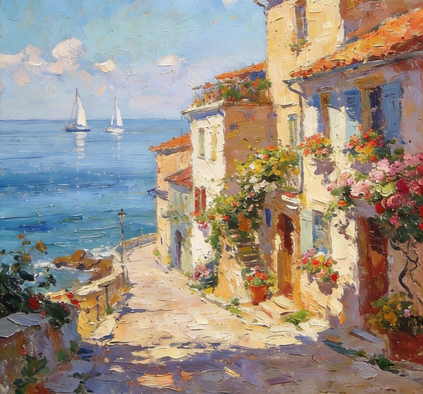 On Canvas Small Paintings, Sunlit Coastal Town, Flower-Adorned Streets and Sailboats, Hand Painted Canvas Art, Original Artwork Small Paintings on Wall, Landscape Oil Paintings-HomePaintingDecor