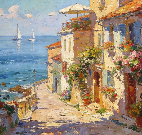 On Canvas Small Paintings, Sunlit Coastal Town, Flower-Adorned Streets and Sailboats, Hand Painted Canvas Art, Original Artwork Small Paintings on Wall, Landscape Oil Paintings-HomePaintingDecor
