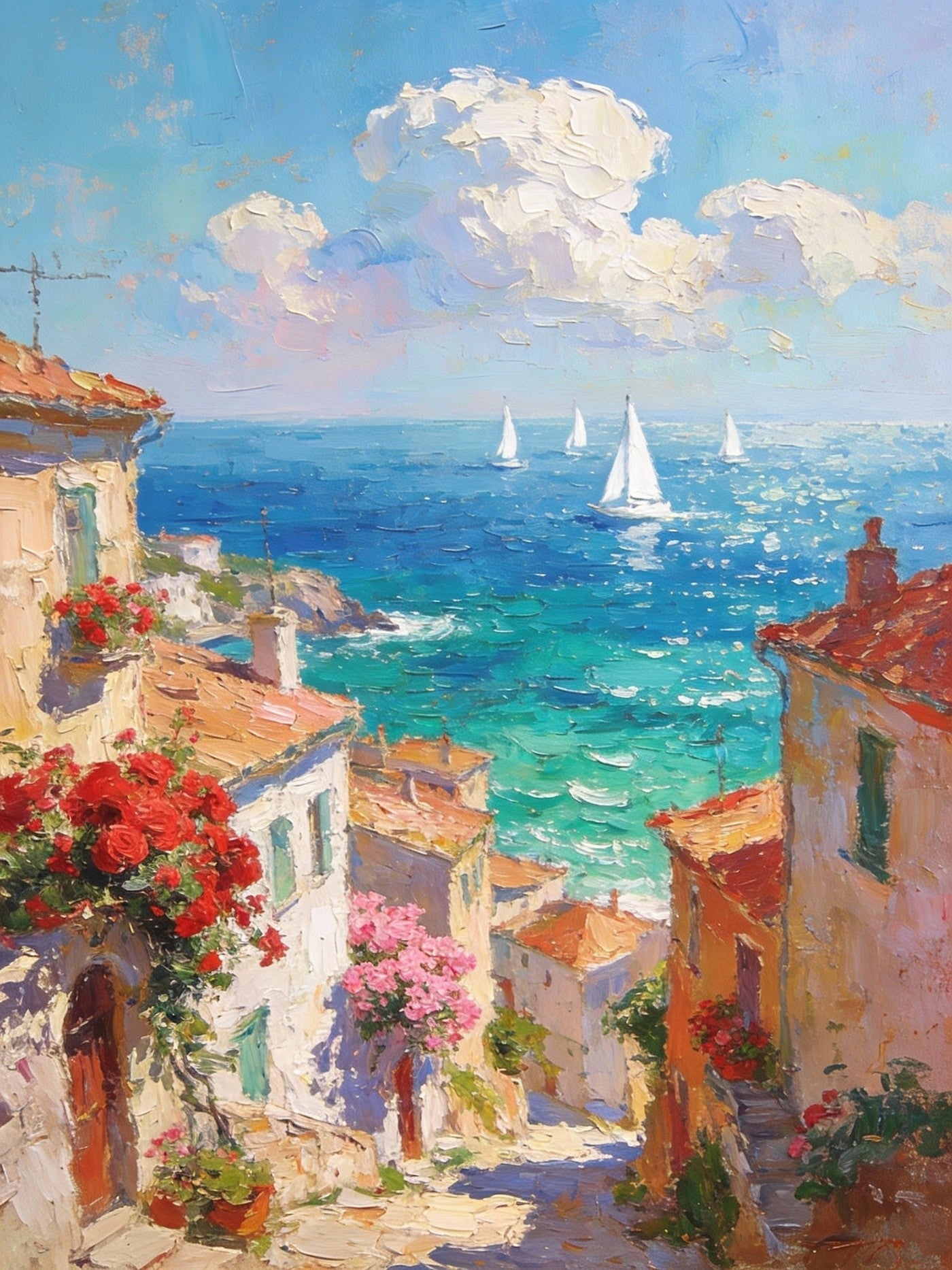 Coastal Town With Sailboats A Vibrant Mediterranean Scene, Colorful Seaside Village Art, Sailing Boats In Harbor Painting, Small Mediterranean Wall Art, Bright Impressionist Seascape Oil Painting