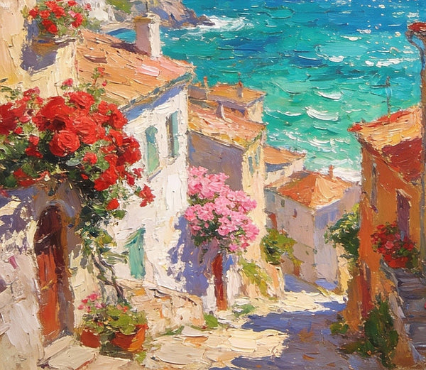 Coastal Town with Sailboats, A Vibrant Mediterranean Scene, Original Artwork Small Paintings, Hand Painted Canvas Art, Heavy Texture Wall Art Paintings, On Canvas Small Paintings-HomePaintingDecor