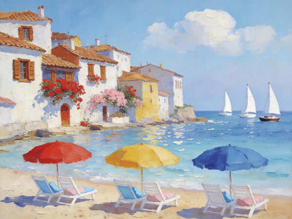 Landscape Oil Paintings, Coastal Town with Colorful Umbrellas, Small Paintings on Canvas, Original Canvas Paintings, Heavy Texture Artwork, Hand Painted Wall Art-HomePaintingDecor