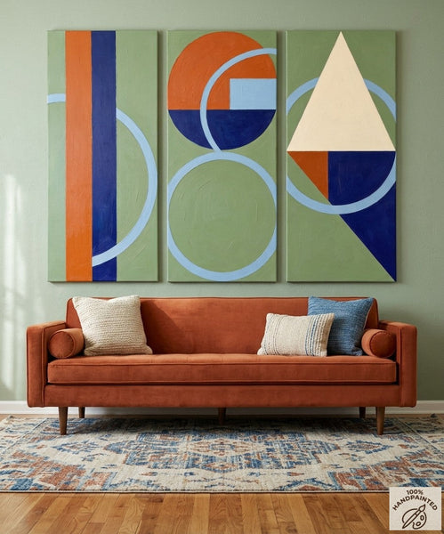 Oversized Group Paintings, Geometric Abstract Paintings, Multi Panel Canvas Art, Modern Paintings for Mid Century Living Room-HomePaintingDecor