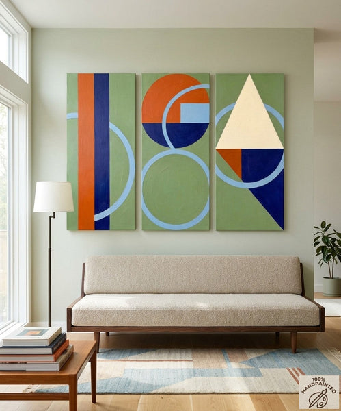 Oversized Group Paintings, Geometric Abstract Paintings, Multi Panel Canvas Art, Modern Paintings for Mid Century Living Room-HomePaintingDecor