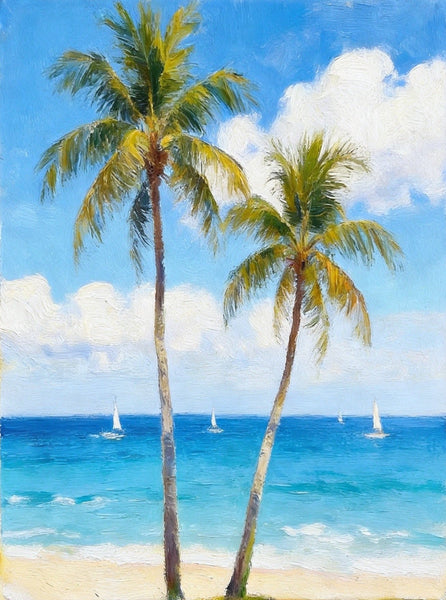Original Seascape Paintings, Blue Sea and Coconut Trees, Hand Painted Canvas Art, Small Canvas Artwork, Original Oil Paintings, Buy Small Paintings Online-HomePaintingDecor