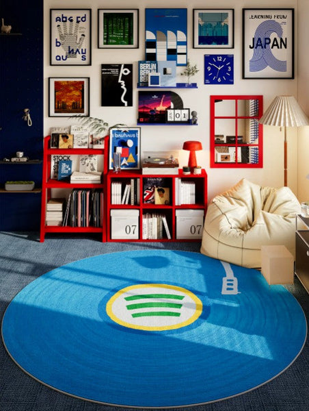 Modern Floor Rugs Next to Bed, Blue Circular Modern Rugs for Dining Room, Geometric Round Rugs for Small House, Contemporary Floor Carpets for Apartment