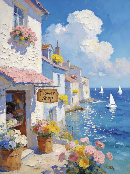 Original Small Paintings, Seaside Flower Shop in Summer, Impasto Paintings, Small Oil Paintings, Small Wall Art Paintings, Landscape Canvas Paintings-HomePaintingDecor