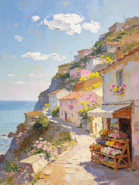 Sunlit Cliffside Town, Flowers, Houses, and Ocean Views, Original Artwork Small Paintings, Hand Painted Canvas Art, On Canvas Small Paintings, Palette Knife Artwork, Landscape Artwork, Canvas Paintings-HomePaintingDecor