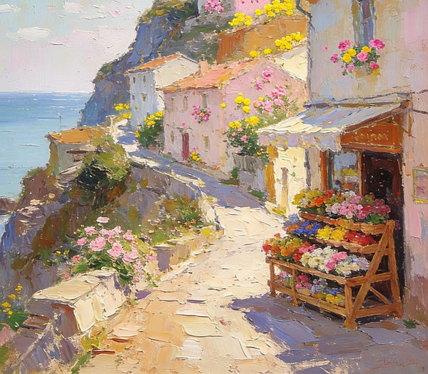 Sunlit Cliffside Town, Flowers, Houses, and Ocean Views, Original Artwork Small Paintings, Hand Painted Canvas Art, On Canvas Small Paintings, Palette Knife Artwork, Landscape Artwork, Canvas Paintings-HomePaintingDecor