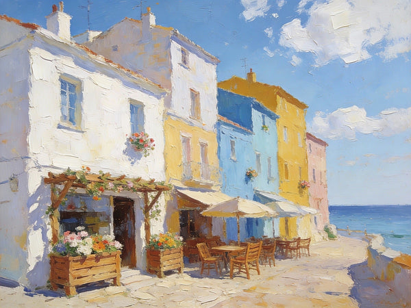 On Canvas Small Paintings, European Street Cafe, Colorful Buildings by the Sea, Simple Painting Ideas, Hand Painted Wall Art, Small Wall Paintings, Landscape Canvas Paintings-HomePaintingDecor