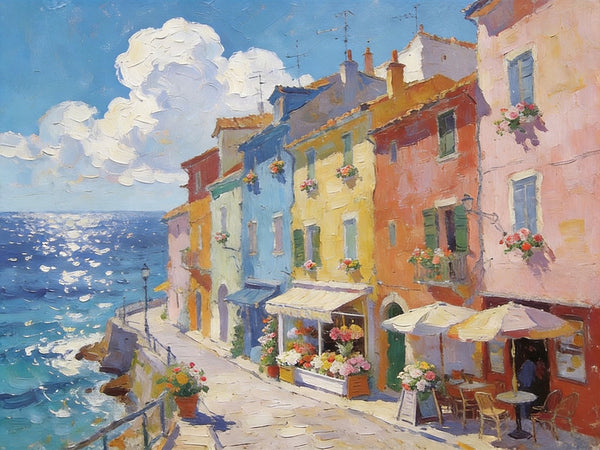 Flower Shop by the Mediterranean, Summer Resort, Hand Painted Canvas Art, Small Landscape Paintings, Original Oil Paintings, Small Wall Art Paintings, Small Paintings on Canvas-HomePaintingDecor