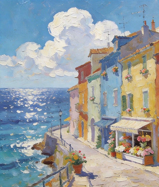 Flower Shop by the Mediterranean, Summer Resort, Hand Painted Canvas Art, Small Landscape Paintings, Original Oil Paintings, Small Wall Art Paintings, Small Paintings on Canvas-HomePaintingDecor