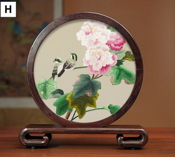 Traditional Chinese Suzhou Silk Embroidered Ornament, Premium Souvenir, Exclusive Business Presents, Creative Birthday Gift, Flower and Birds Embroidery Ornaments-HomePaintingDecor