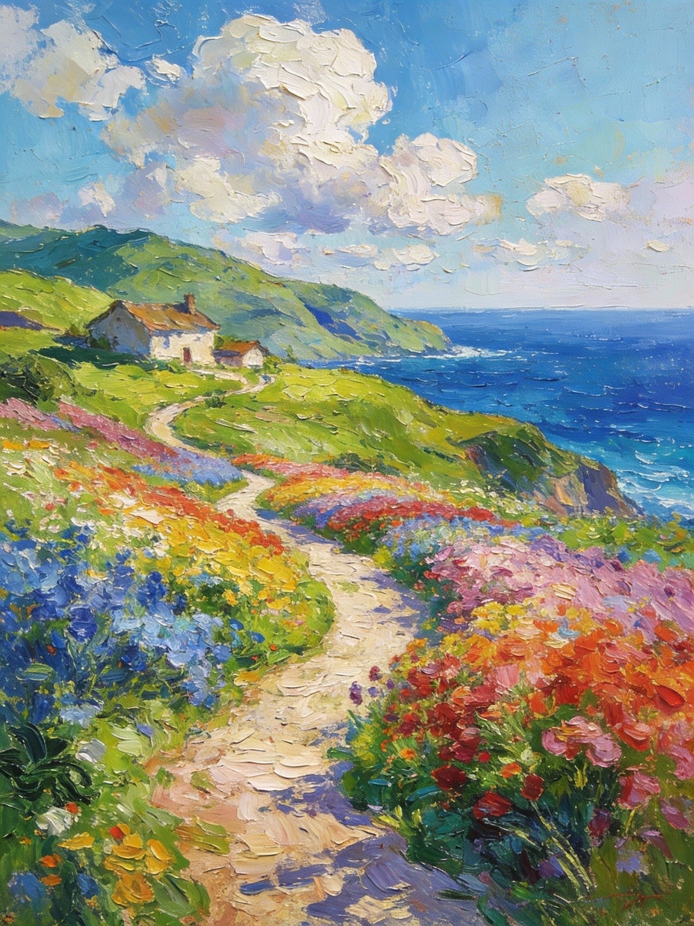 Serene Floral Path A Luminous Landscape Original Artwork, Floral Meadow Path Art, Small Landscape Oil Painting, Impressionist Floral Art, Original Hand Painted Canvas Art For Wall Decor