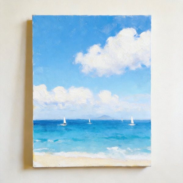 Peaceful Seashore, Sailing Boats at Sea, Hand Painted Canvas Art, Original Landscape Paintings, Small Canvas Wall Art Paintings, Original Oil Paintings, Buy Small Paintings Online-HomePaintingDecor