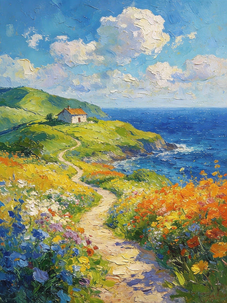 On Canvas Small Paintings, A Cottage by the Azure Sea, Hand Painted Canvas Art, Original Artwork Small Paintings on Wall, Landscape Oil Paintings-HomePaintingDecor