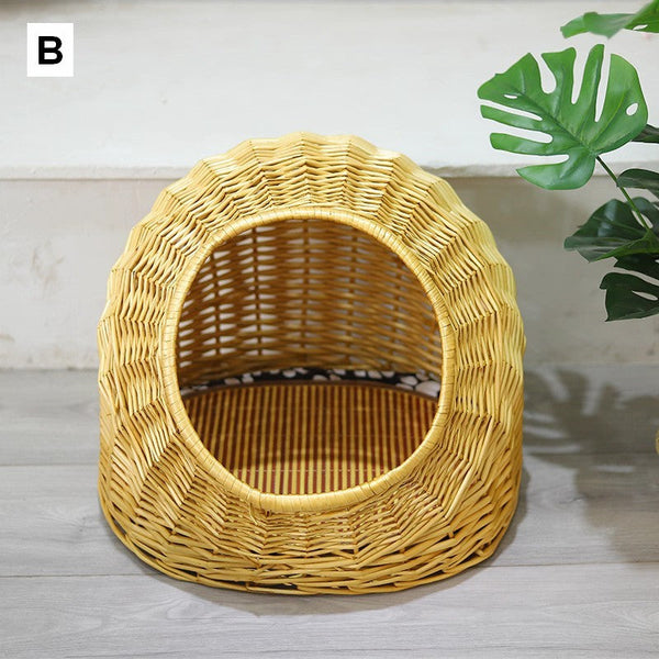 Hand woven Rattan Cat Bed, Natural Wicker Cat House Basket with Washable Cushion for Indoor Cats and Dogs-HomePaintingDecor
