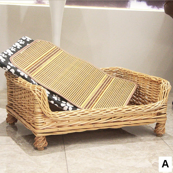 Large Natural Wicker Dog Bed with Washable Cushion for Indoor Cats and Dogs, Hand Woven Rattan Cat Beds-HomePaintingDecor