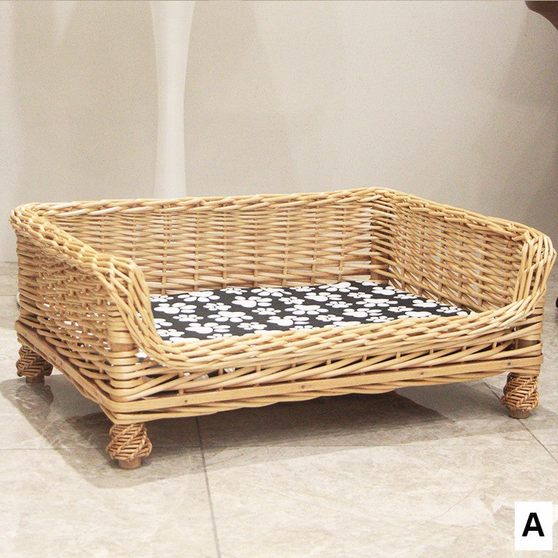 Large Natural Wicker Dog Bed with Washable Cushion for Indoor Cats and Dogs, Hand Woven Rattan Cat Beds-HomePaintingDecor