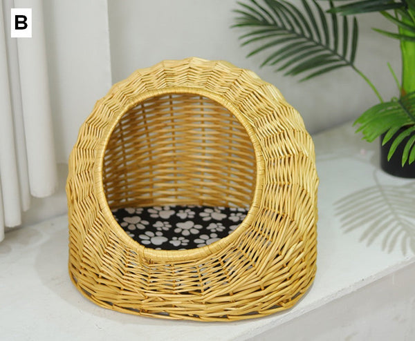 Hand woven Rattan Cat Bed, Natural Wicker Cat House Basket with Washable Cushion for Indoor Cats and Dogs-HomePaintingDecor