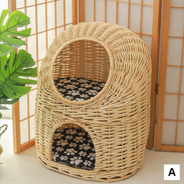 Large Cat House Basket with Washable Cushion for Indoor Cats and Dogs, Double-Layer Cat Bed-HomePaintingDecor