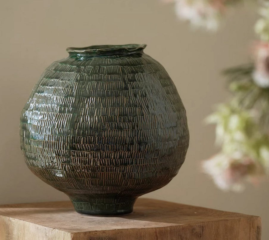 Large Green Contemporary Vases On Dining Table, Handmade Earthy Green Tones Decor