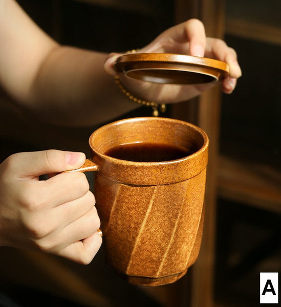 Creative Brown Green Blue Black Ceramic Coffee Mugs, Large Modern Handmade Pottery Coffee Cup, Large Unique Tea Cup, Large Capacity Coffee Mug with Cover-HomePaintingDecor